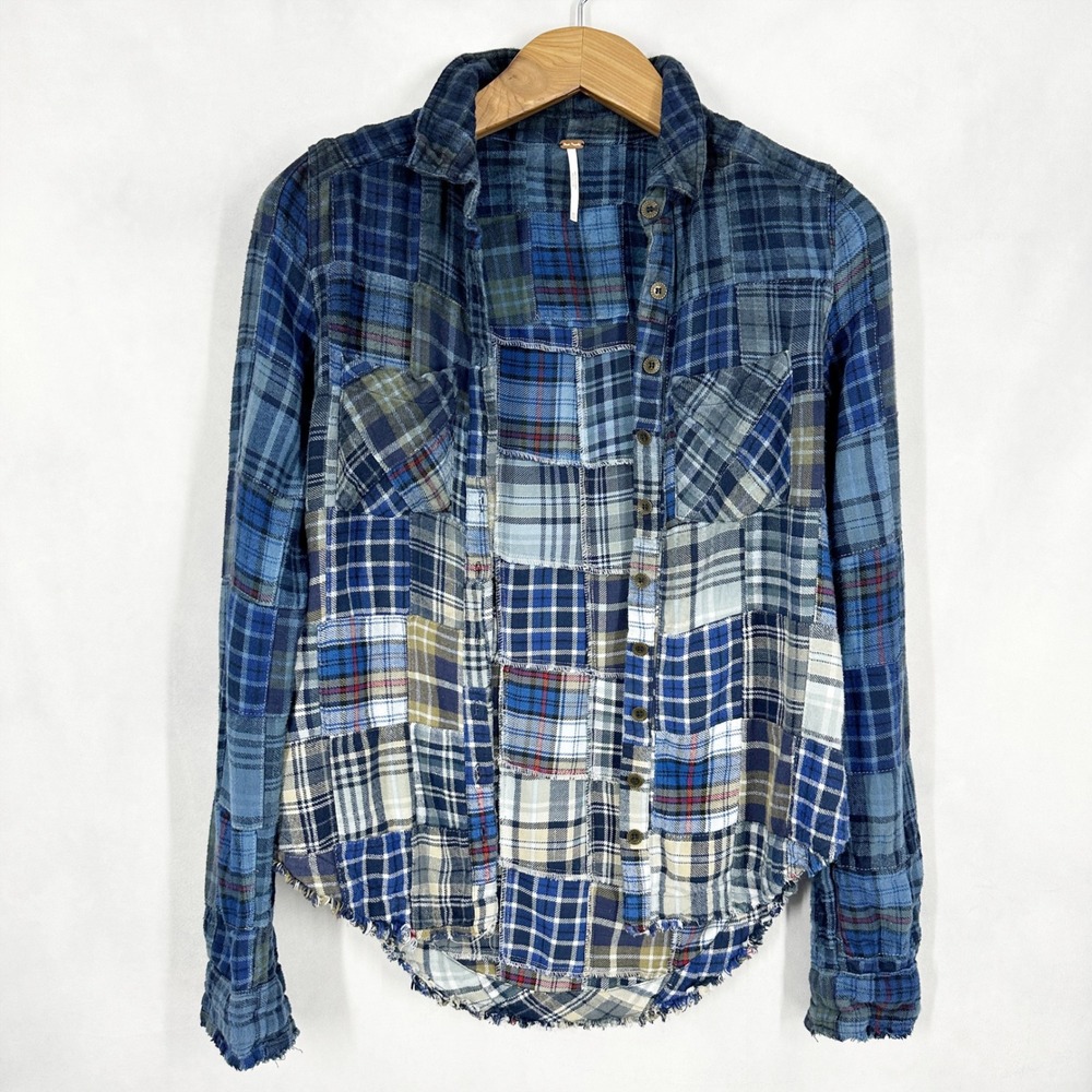 Free People Lost‎ in Plaid Ombre Cotton Patchwork Blue Button Down Shirt Size XS